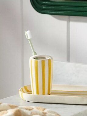 ANTHROPOLOGIE NWT Striped Ceramic Toothbrush Holder -yellow/white